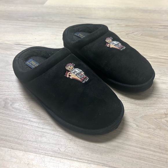 Polo Ralph Lauren Slippers Sledding Bear Black Slip On Men Sz 9 Comfort Classic - Picture 2 of 10